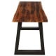Solid acacia wood dining bench with metal legs, featuring a polished surface and minimalistic design for patio seating.