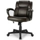Adjustable leather executive office chair with armrests, padded cushion, and 360° swivel for comfort and convenience.