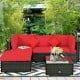 L-shaped outdoor patio rattan furniture set with red cushions, featuring an armless sofa, corner sofas, ottoman, and.