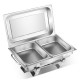 Stainless steel chafing dish with double plates, removable pans, and lid, ideal for buffets and events.