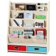Kids book and toys organizer shelves in beige with 4 canvas slings, 2 storage boxes, perfect for children's rooms.