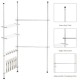 Telescopic clothes hanger rack with adjustable height, shoe hooks, and shelves for organized storage in any room.