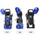 Electric high pressure washer in blue, showcasing front, side, and back views, with 3000 PSI cleaning power and hose.