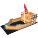 Wooden pirate boat sandbox for kids with benches, storage space, and decorative flag, ideal for outdoor play.