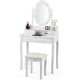 Makeup vanity dressing table set in white with dimmable bulbs, cushioned stool, and four storage drawers for elegance.