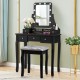 Vanity dressing table set in black with 10 dimmable bulbs, cushioned stool, and 5 storage drawers for cosmetics.