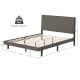 Queen size upholstered bed frame with tufted headboard, featuring 12 solid wooden slats and 8" under-bed storage space.