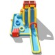 Colorful 7-in-1 inflatable water park with dual slides, climbing wall, and basketball hoop for outdoor fun.