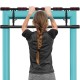 Foldable pull-up bar with foam grip, shown in use for chin-ups, designed for home gym convenience and easy installation.
