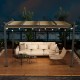 Outdoor aluminum retractable pergola canopy in beige, featuring a robust frame and large 10' x 13' shade for gatherings.