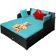 Spacious outdoor rattan daybed with a large turquoise seating area, ideal for lounging comfortably outdoors.
