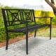 Patio garden bench with powder coated steel frame, highlighted in a garden setting, showcasing elegant armrests and.