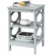 Gray 3-tier nightstand with elegant geometric side detailing, perfect for stylish storage and display in any room.