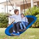 Oval 60-inch blue and black saucer swing with two kids, adjustable height for outdoor fun and parent-child interaction.