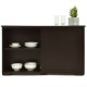 Kitchen storage cabinet with wood sliding door, featuring two shelves and a spacious top for display or storage.