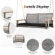 2-person patio wicker hanging swing chair with acacia wood armrests and ergonomic backrest, ideal for backyard.