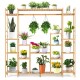 9-tier bamboo plant stand featuring various potted plants and a hanging rack, ideal for gardens and living spaces.