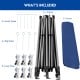 Adjustable folding sun shelter frame with stakes, guy ropes, and carrying bag for outdoor events and protection.