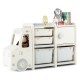 Toddler truck storage organizer in beige with 2 large bins and drawers, perfect for kids' rooms and play areas.
