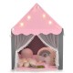 Kids playhouse tent in pink with star lights, mesh windows, and a comfortable mat for indoor fun and safety.