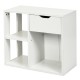 3-Tier side table in white with open shelves and a drawer, made of durable particle board for versatile storage.