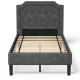 Twin upholstered platform bed with button-tufted headboard and wooden slats, ideal for stylish and functional bedroom.