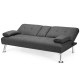 Convertible dark gray futon sofa bed with adjustable positions and removable armrests, perfect for small spaces.