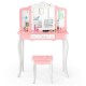 Kids pink vanity table set with tri-folding mirror and matching stool, perfect for playtime and getting ready.