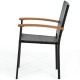 Side view of a wicker dining chair with acacia wood armrests, featuring a powder-coated steel frame for outdoor use.