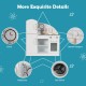 Kids kitchen playset with gas stove, clock, and telephone, designed for realistic pretend play and organization skills.