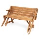 Transforming wooden picnic table bench in natural finish, accommodates 4 people, features umbrella hole for outdoor use.