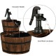 Two-tier outdoor wooden barrel waterfall fountain with decorative hand pump, featuring corrosion-resistant materials.