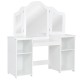 Kids tri-folding mirror makeup dressing vanity table set in white with four storage compartments for organized use.