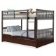 Full over full bunk bed in brown wood with trundle, featuring sturdy slats and guardrails, ideal for kids' rooms.