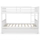 Full over full bunk bed in white with sturdy pine wood frame, 28 slats, and guardrails for added safety in compact.