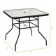 Black steel frame square table with tempered glass top, 32 inches, perfect for outdoor dining and umbrella use.