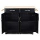 Black kitchen trolley cart with wood top, featuring two drawers and two cabinets for ample storage, ideal for kitchens.