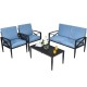 Patio furniture set featuring a cushioned loveseat, two single sofas, and a side table with an aluminum frame for.
