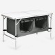 Height adjustable gray folding camping table with large storage area and detachable legs for easy transport and.