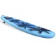 Inflatable stand-up paddleboard in blue with palm tree design, ideal for surfing, fishing, and yoga on water.