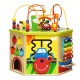 Multifunctional 7-in-1 wooden activity cube showcasing vibrant car and house patterns, promoting fine motor skills and.