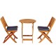 Side view of a folding wooden bistro chair with navy cushion, crafted from solid acacia wood for ergonomic comfort.