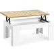 Lift top coffee table in white with oak surface, featuring a hidden storage compartment and adjustable height for.