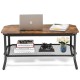 Rustic brown 2-tier industrial coffee table with octagonal top and metal mesh shelf for living room storage and display.