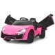 Pink 12V electric vehicle with stylish design, featuring open doors and comfortable wide seat for kids' adventures.