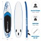 10.6-foot inflatable paddle board with adjustable paddle, 3 fins, and carry bag for easy transport and water sports.