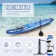 Inflatable 11-foot paddle board in blue with adjustable paddle, ideal for water activities like yoga and fishing.