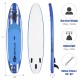 11-foot inflatable paddle board in blue, featuring a non-slip deck and removable fins for stable water activities.