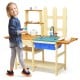 Kid's outdoor wooden pretend cook kitchen playset made of natural fir wood, featuring a sink and open shelves for.