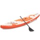 Inflatable stand-up paddle board in orange with aluminum paddle, ideal for water yoga, fishing, and sunbathing.